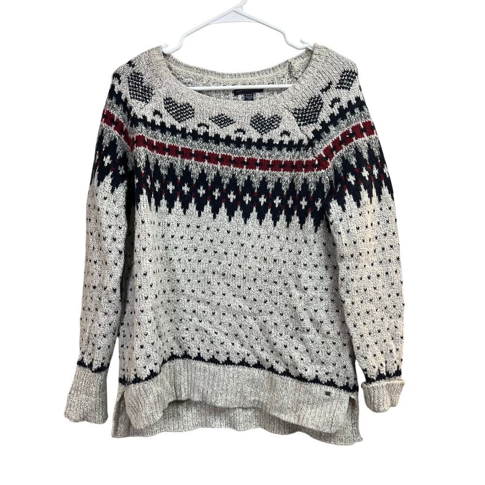 American Eagle Outfitters Holiday Heart Fair Isle Sweater Gray Wool Blend Small
